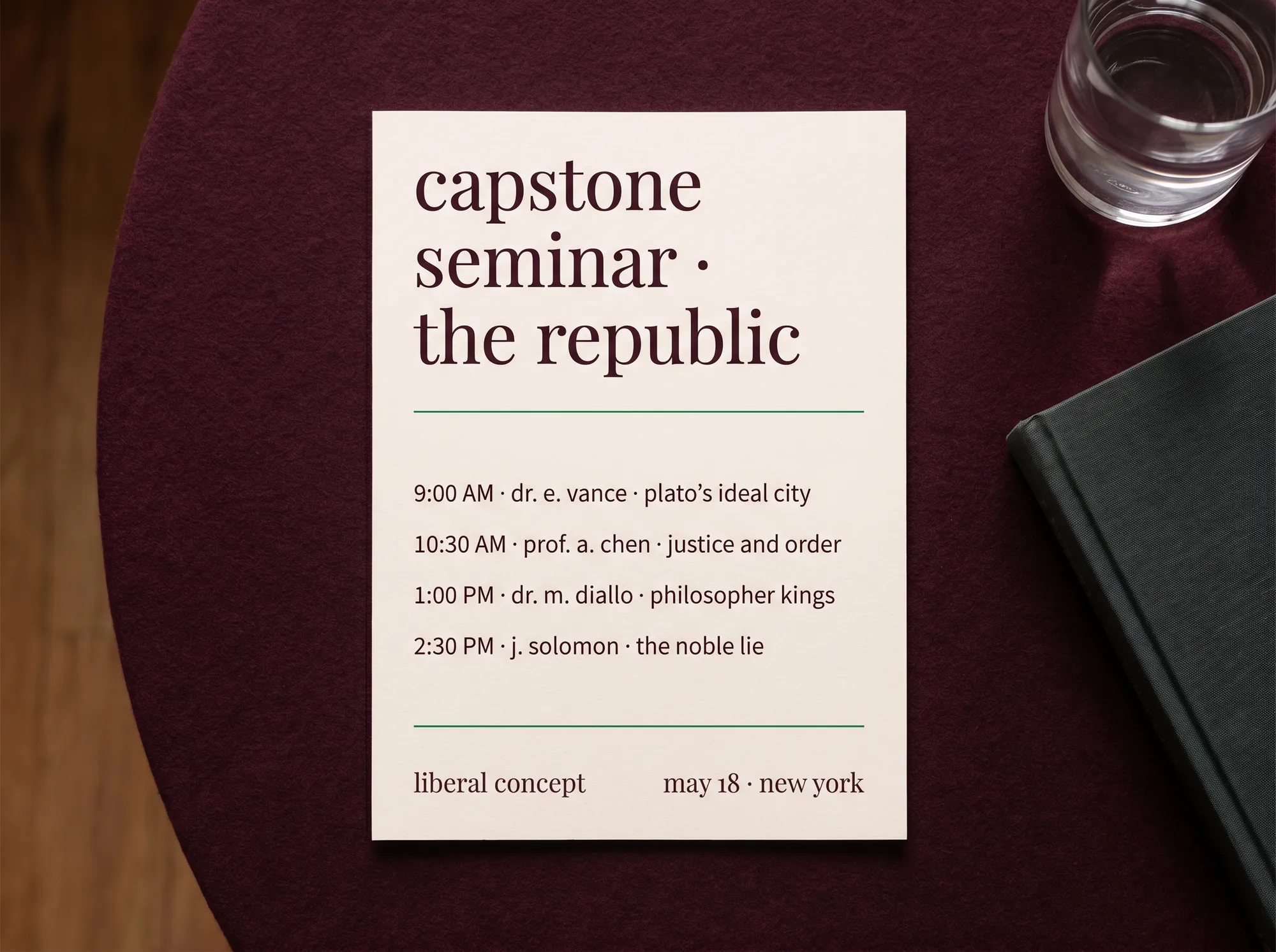 Liberal Concept Capstone Seminar (Adult Liberal Arts) — An end-of-term live seminar with the faculty lead and a fellow scholar, capped at thirty members. Recorded for archive but designed for the live cohort.