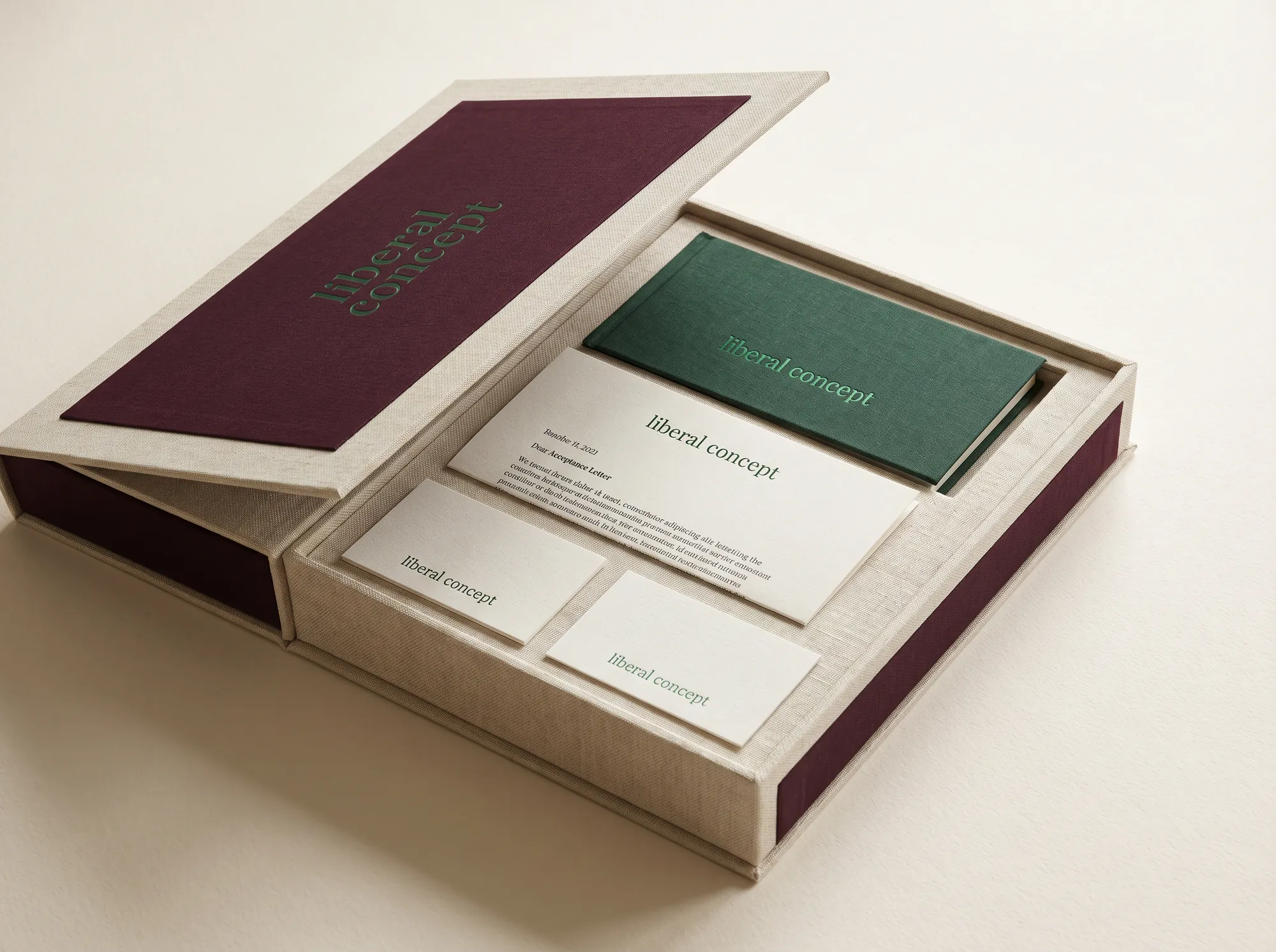 Liberal Concept Welcome Box (Adult Liberal Arts) — A working welcome-mailing box delivered at term registration — clothbound reader, letterpress acceptance letter, named-faculty card, and a single member-of-record card laid in a linen folio, the lid foil-stamped with the wordmark.