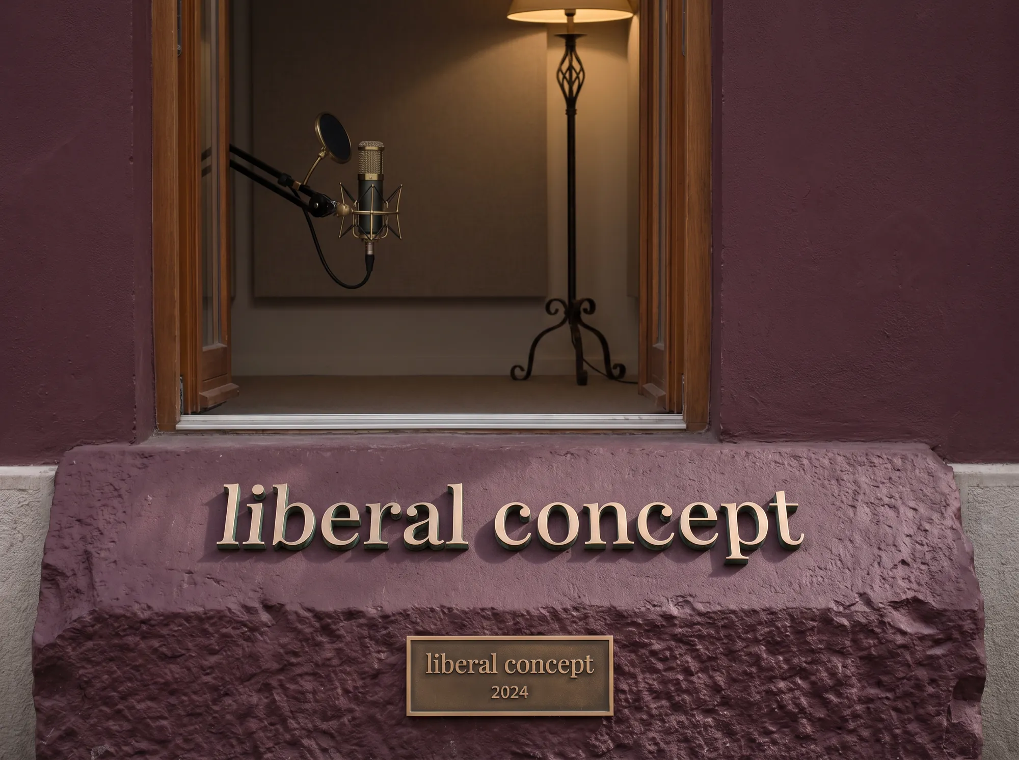 Liberal Concept Studio Door Plaque (Cultural Podcast Network) — A working podcast-studio door plaque cast in solid bronze on a deep-wine limestone slab, mounted at the working studio doorway beside the working recording booth.