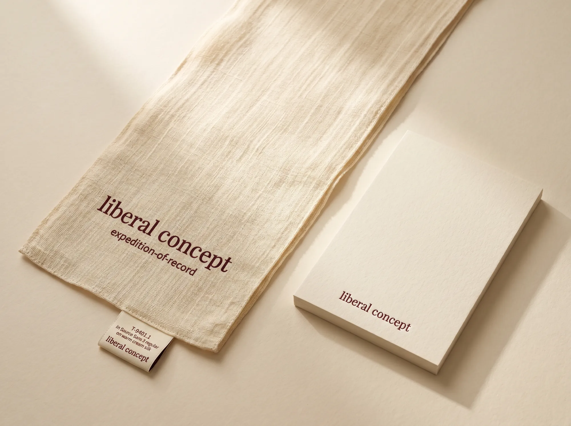Liberal Concept Travel Silk Scarf (Cultural Learning Travel) — A long hand-loomed silk travel scarf in warm cream with the wordmark hand-printed in deep wine at one end — a working accessory issued to working travelers and named guides at the working expedition.
