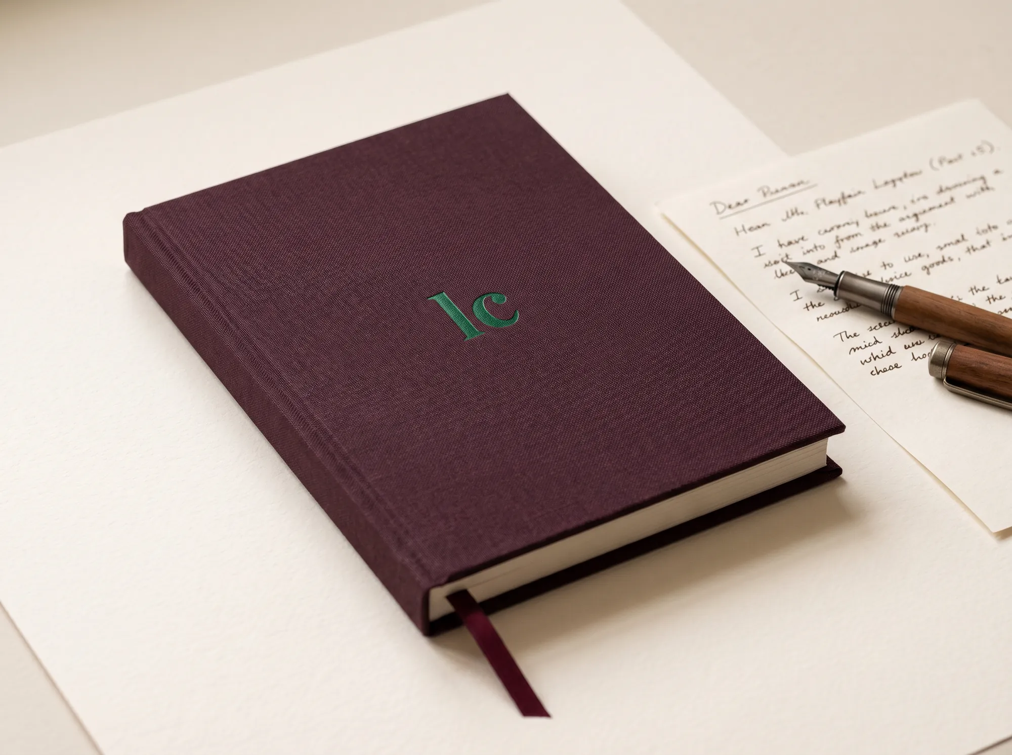 Liberal Concept Reading Journal (Fine Stationery & Reading Tools) — A clothbound A5 reading journal — 192 pages of dot-grid paper, ribbon marker, deep wine (#3D1F2E) cloth with a foil-stamped LC monogram. Sized to live next to the term reader.
