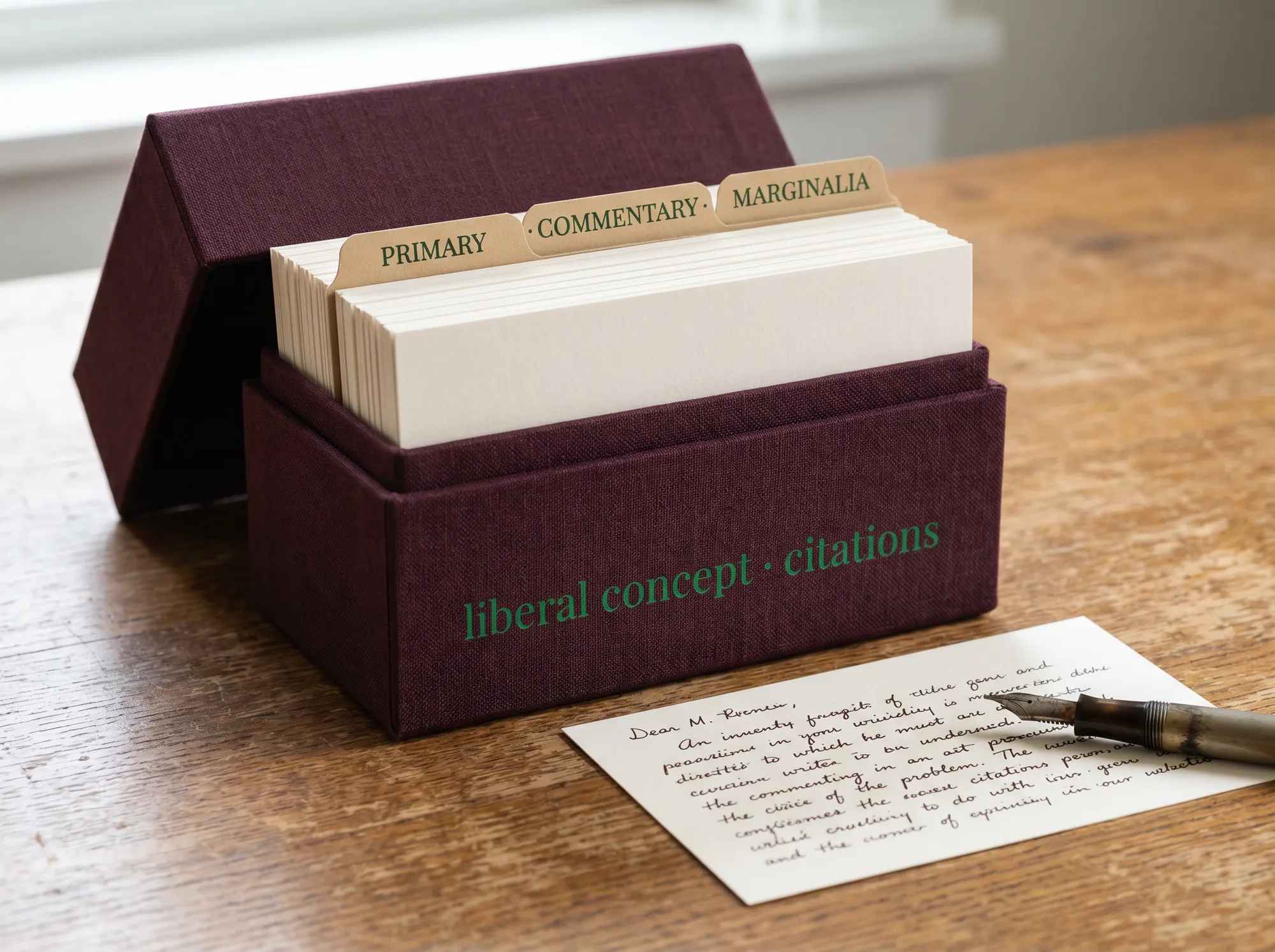 Liberal Concept Citation Box (Fine Stationery & Reading Tools) — A linen-clad index-card box with five hundred 4x6 cards and three category dividers. Designed for serious note-taking against primary texts.
