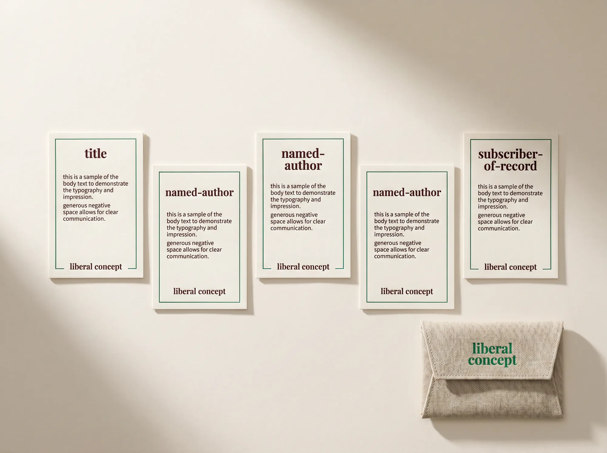 Liberal Concept Stationery Card Set (Independent Publishing Imprint) — A letterpress stationery card set delivered to working subscribers — title card, named-author card, and a single subscriber-of-record card laid in a linen folio at the working imprint.