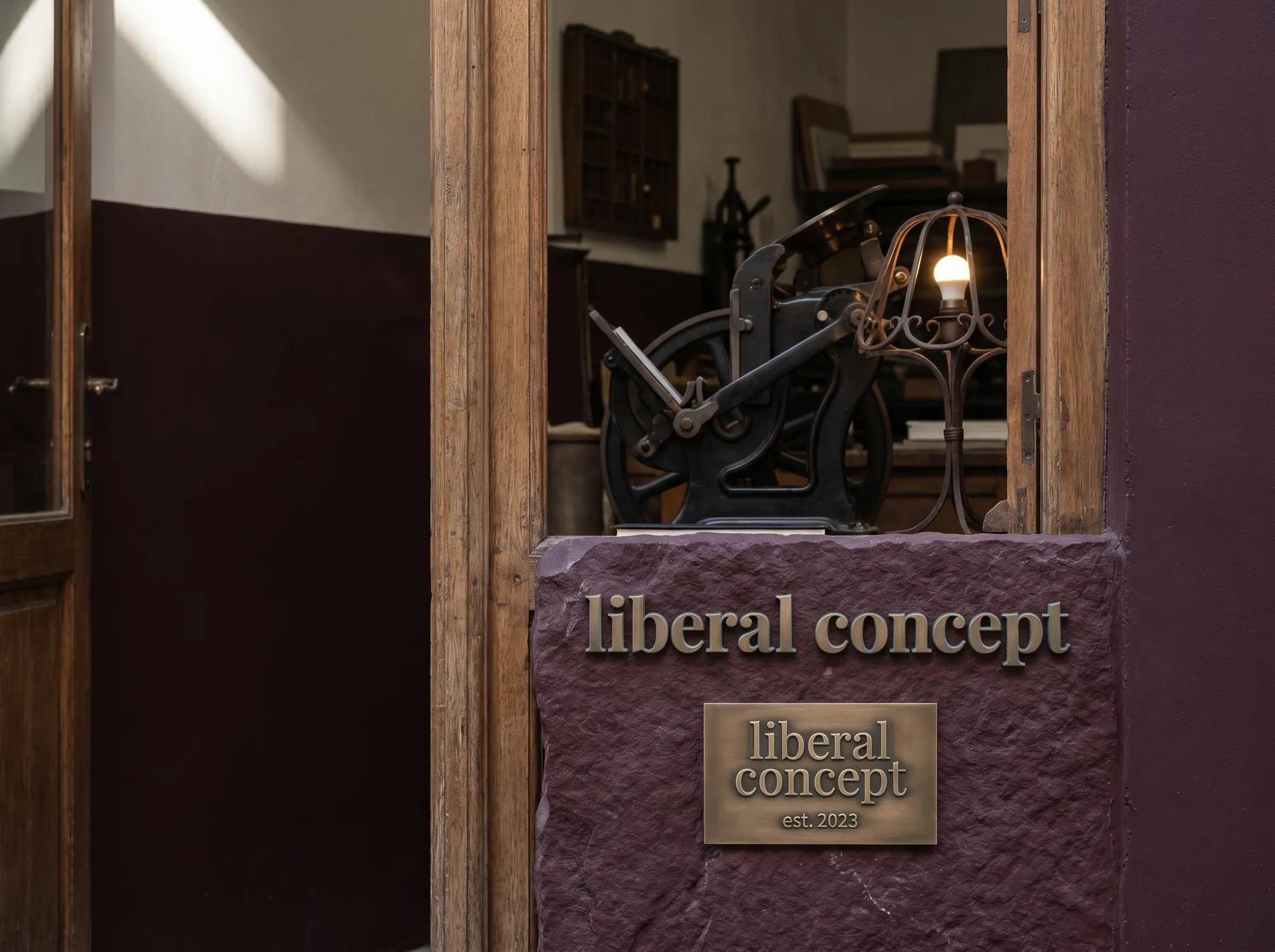 Liberal Concept Imprint Door Plaque (Independent Publishing Imprint) — A working independent-imprint atelier door plaque cast in solid bronze on a deep-wine limestone slab, mounted at the working imprint doorway beside the working press.