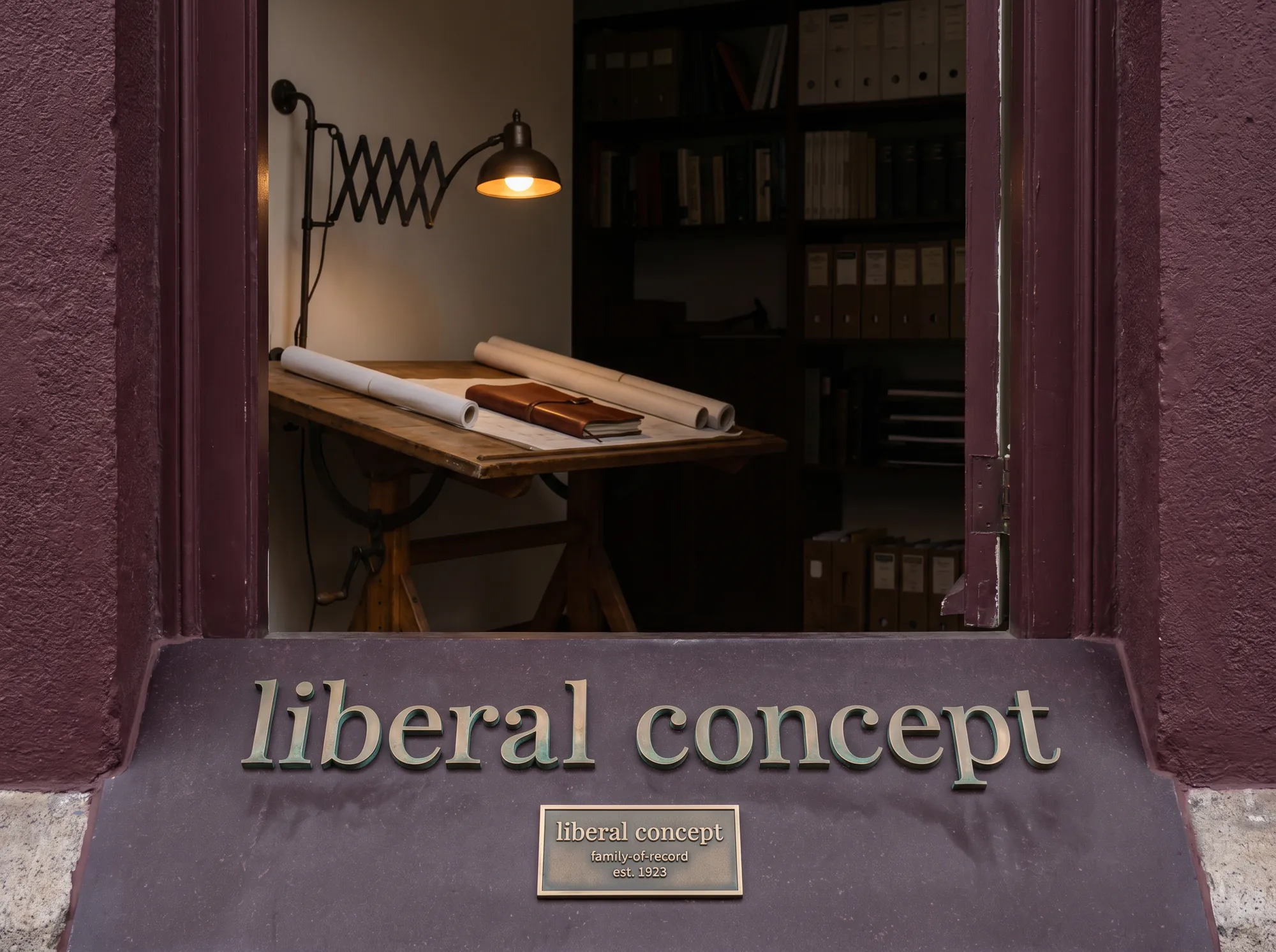 Liberal Concept Family Door Plaque (Legacy & Estate Letter Practice) — A working legacy-and-estate office door plaque cast in solid bronze on a deep-wine limestone slab, mounted at the working family-archive doorway beside the working drafter's bench.