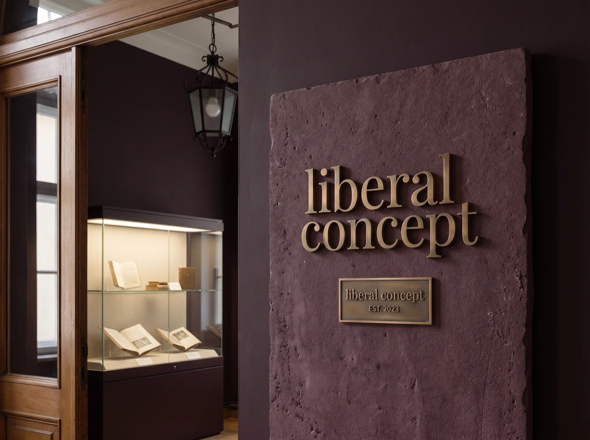 Liberal Concept Gallery Plaque (Museum & Cultural Institution Collaborations) — A working institutional-gallery plaque cast in solid bronze on a deep-wine limestone slab, mounted at the working gallery threshold beside the working co-branded edition vitrine.