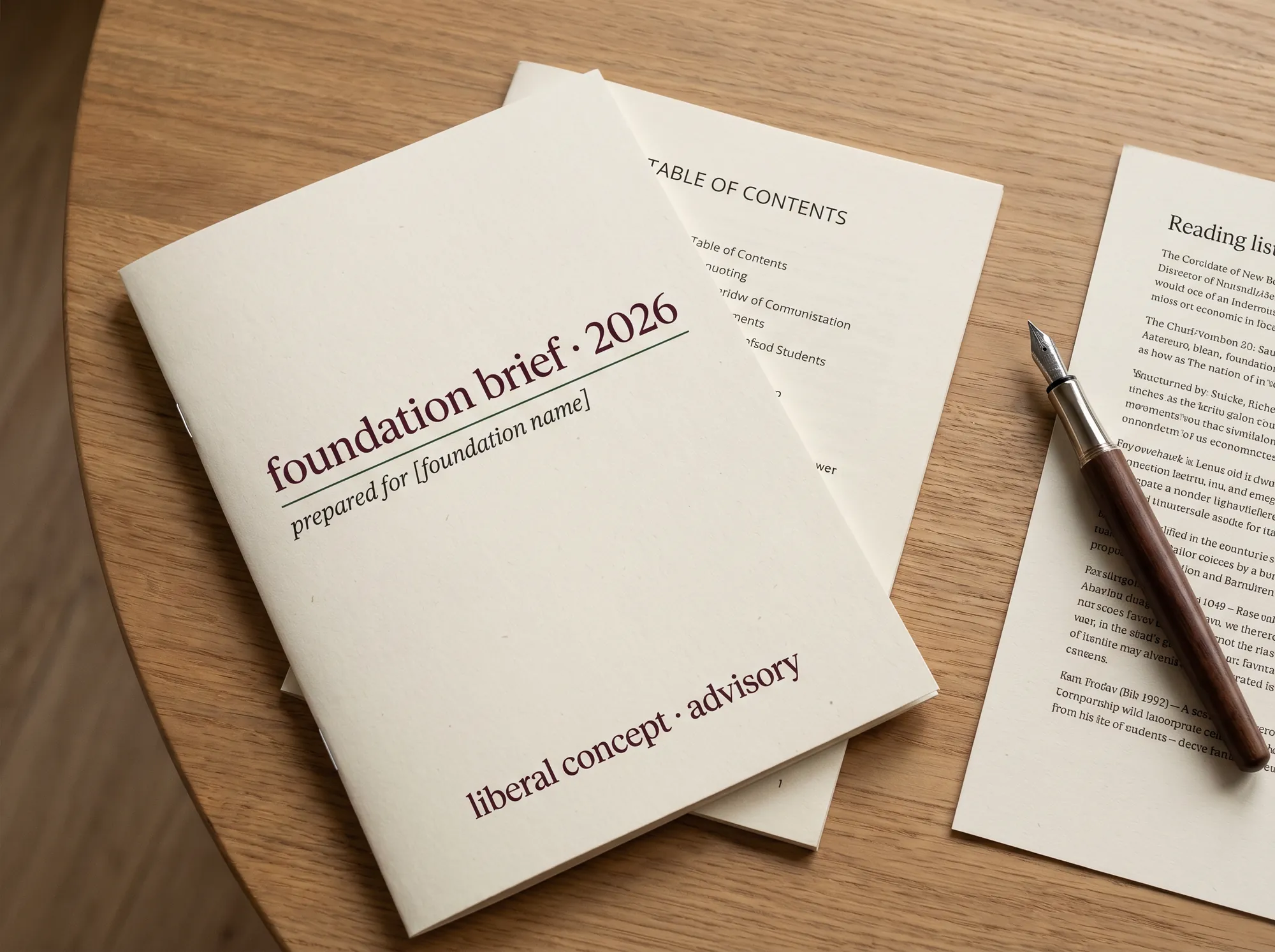 Liberal Concept Foundation Brief (Philanthropic & Endowment Advisory) — An annual editorial brief for foundation principals — a short reader, a quarterly call, a tailored reading list against the foundation's stated mission.