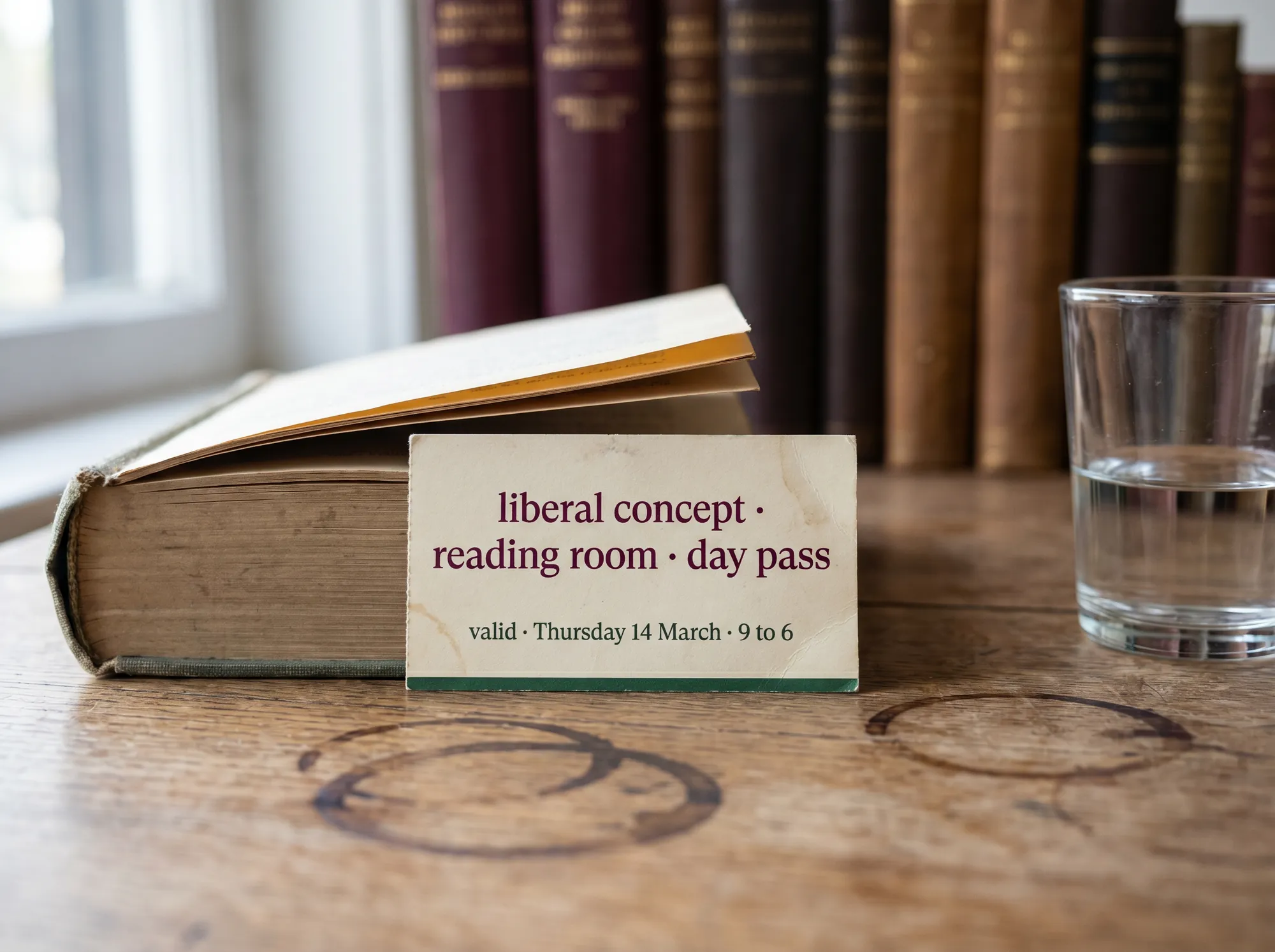 Liberal Concept Reading Room (Private Members' Salons) — Day passes for non-members and reciprocal members from other cities. Includes the room, the kitchen, and the day's seminar if one is scheduled.
